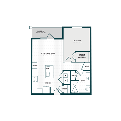 Floor plan for 1 bed, 1 bath, 725 sqft